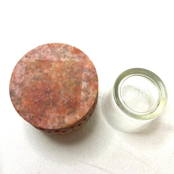 Vtg Soapstone Votive Tea Light Holder w/ Glass Insert Pierced Carved Pink Purple - Picture 6 of 6